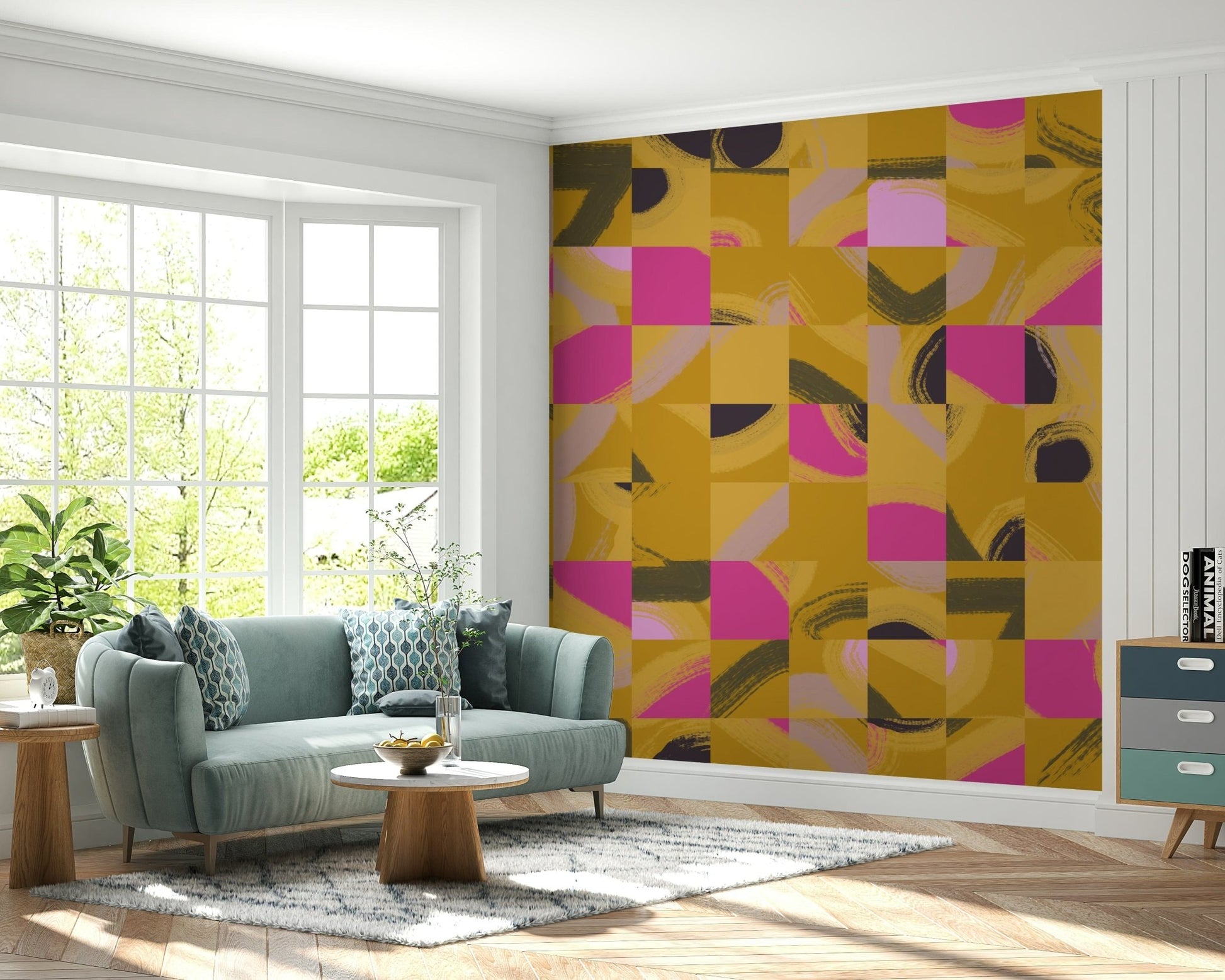 Mosaic Brushstrokes Abstract, eccentric color grid, playful abstract art.