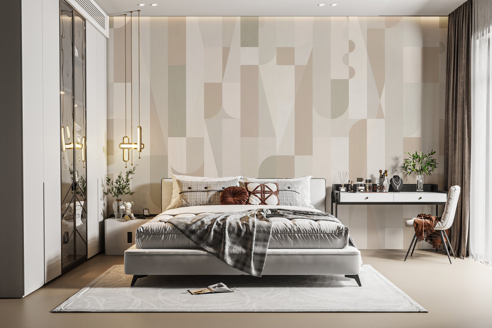 Mosaic Sepia Tones wallpaper of soft geometric shapes behind a grey upholstered bed and white vanity in a bedroom