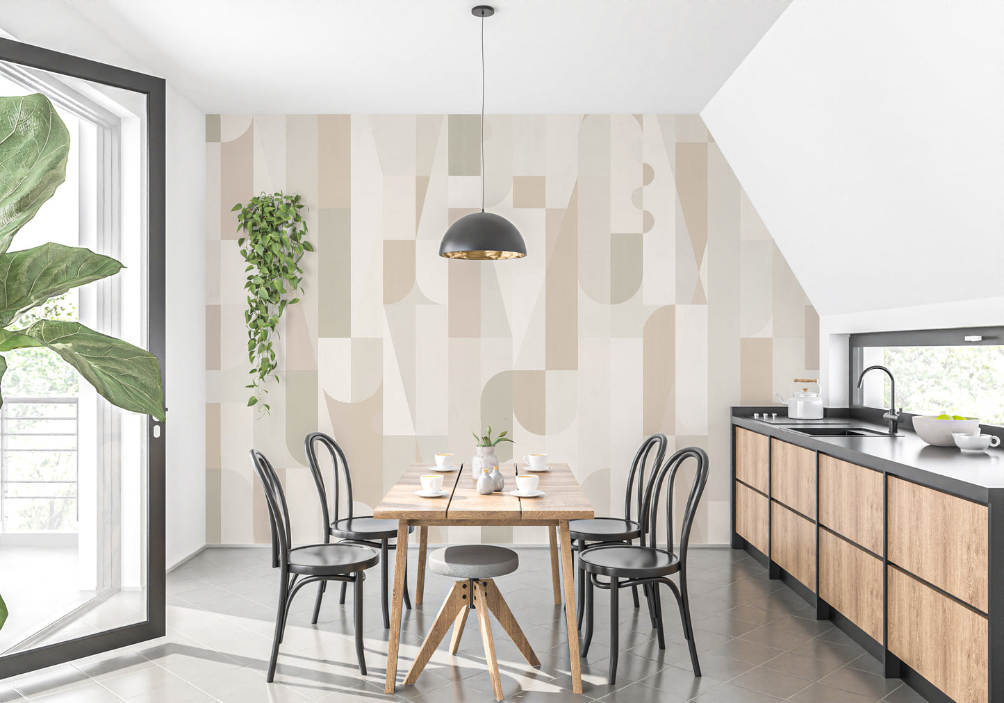 Mosaic Sepia Tones wallpaper of beige and sage shapes in a dining nook with a wooden table and black bentwood chairs