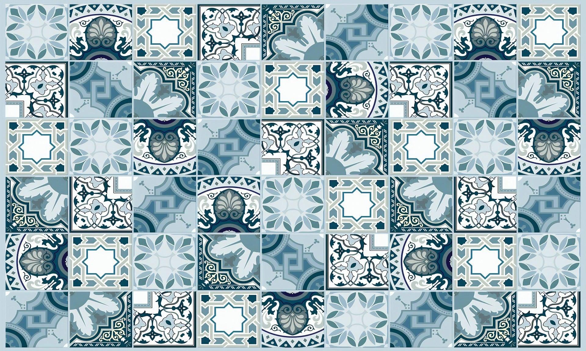 Mosaic Tile Wallpaper Blue Marine behind a modern vanity with brass fixtures.