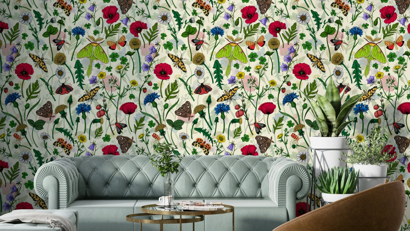 Moths and Wildflowers Wallpaper with soft floral and moth designs

