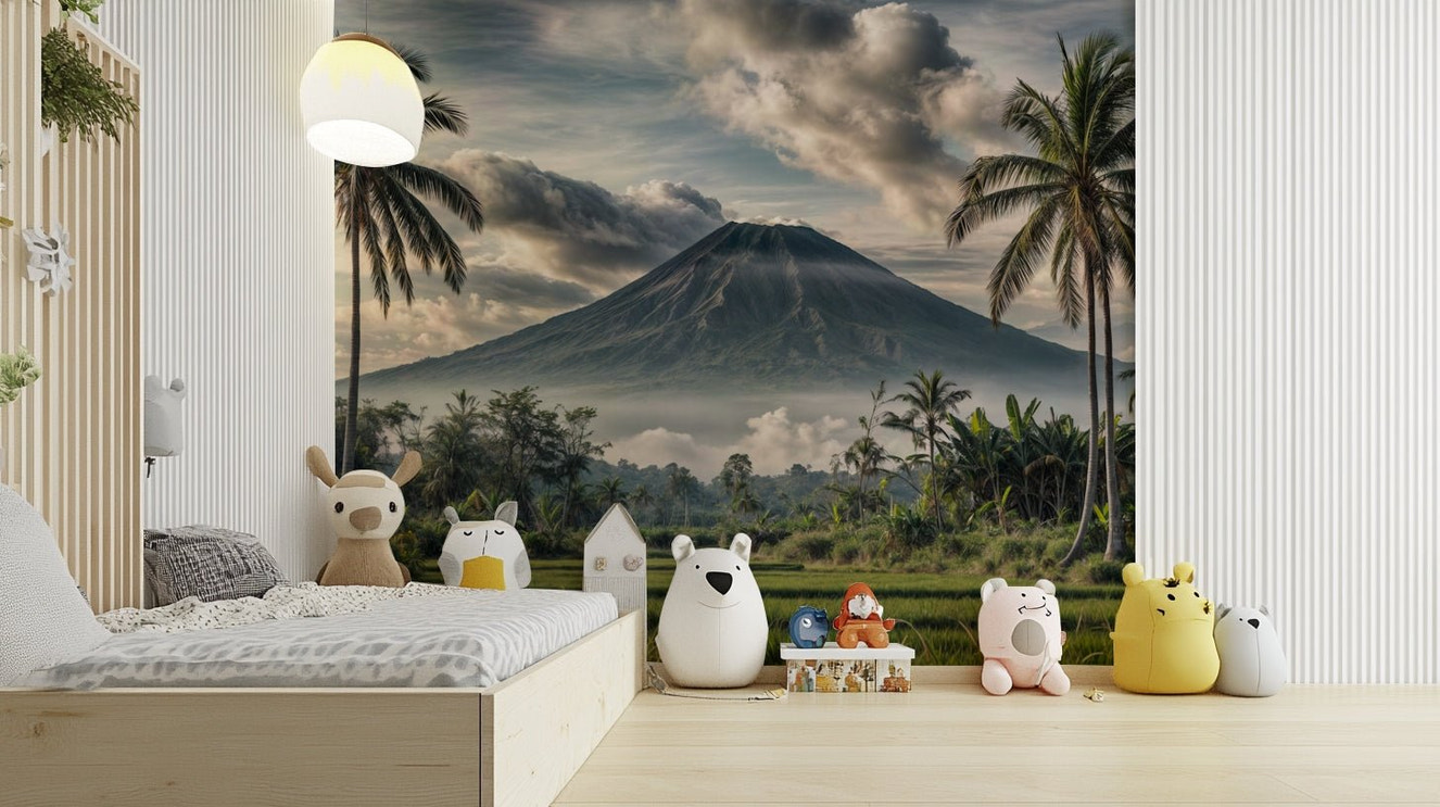 A wall mural of a peaceful mountain landscape.

