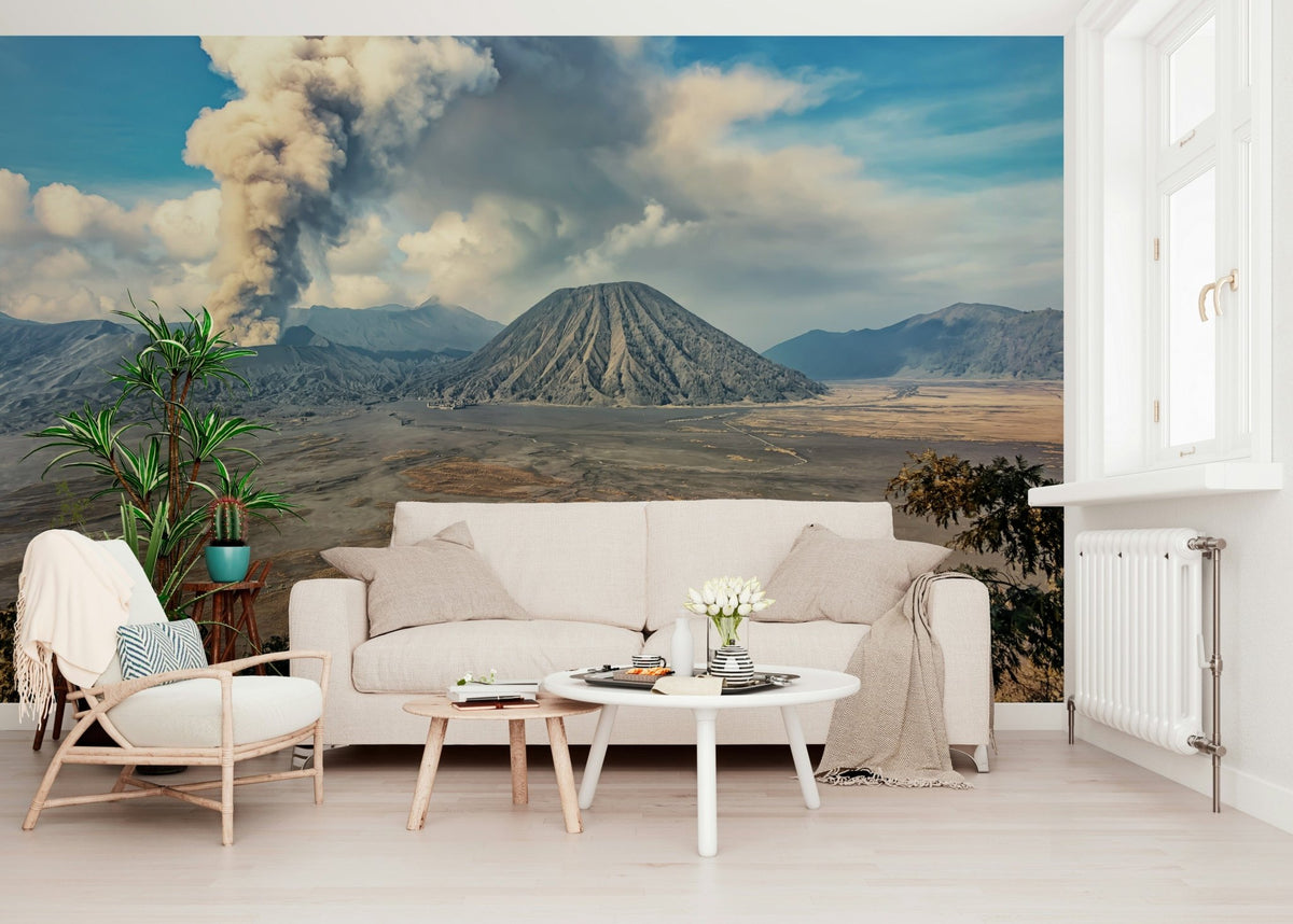 Mount Bromo Eruption wallpaper mural showing smoking Indonesian peak.