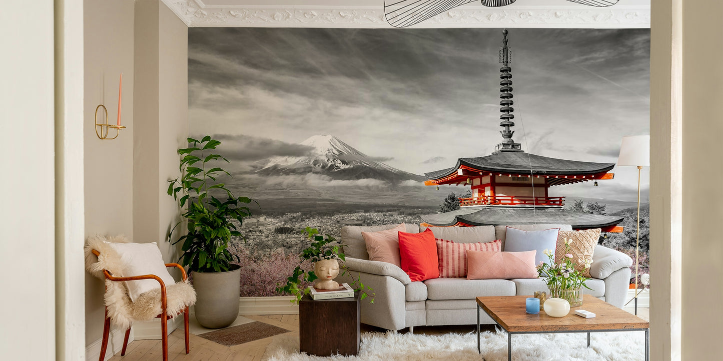 Colorkey wallpaper of Mount Fuji and cherry trees in bloom


