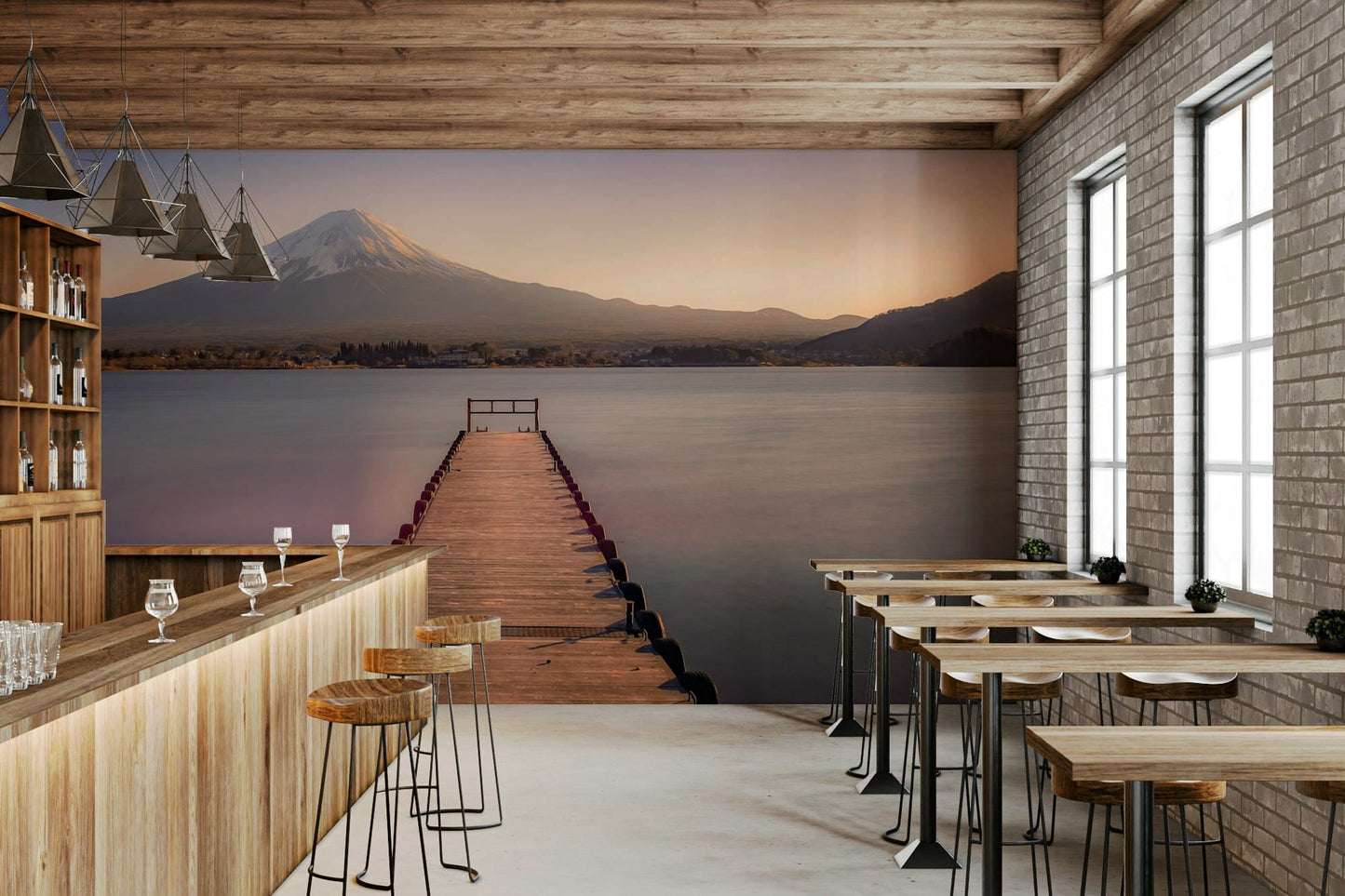 Distant village Mount Fuji Serenity wallpaper, nature wall covering.
