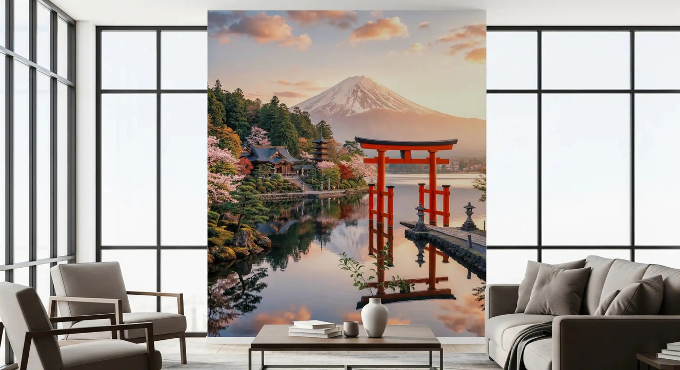 Mount Fuji wall mural brightens a living room with torii gate and lake reflection