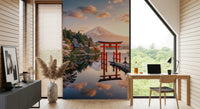 Serene wall mural adds depth to a study room with Mount Fuji and shrine gate
