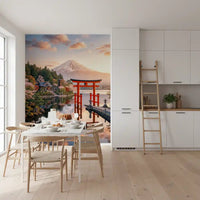 Mount Fuji wall mural frames a Dining room with sunrise clouds and sakura trees