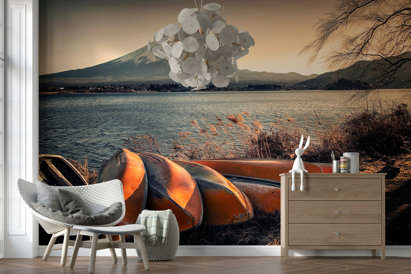 Serene Mount Fuji lake mural in modern living room, blue tones, feature wall