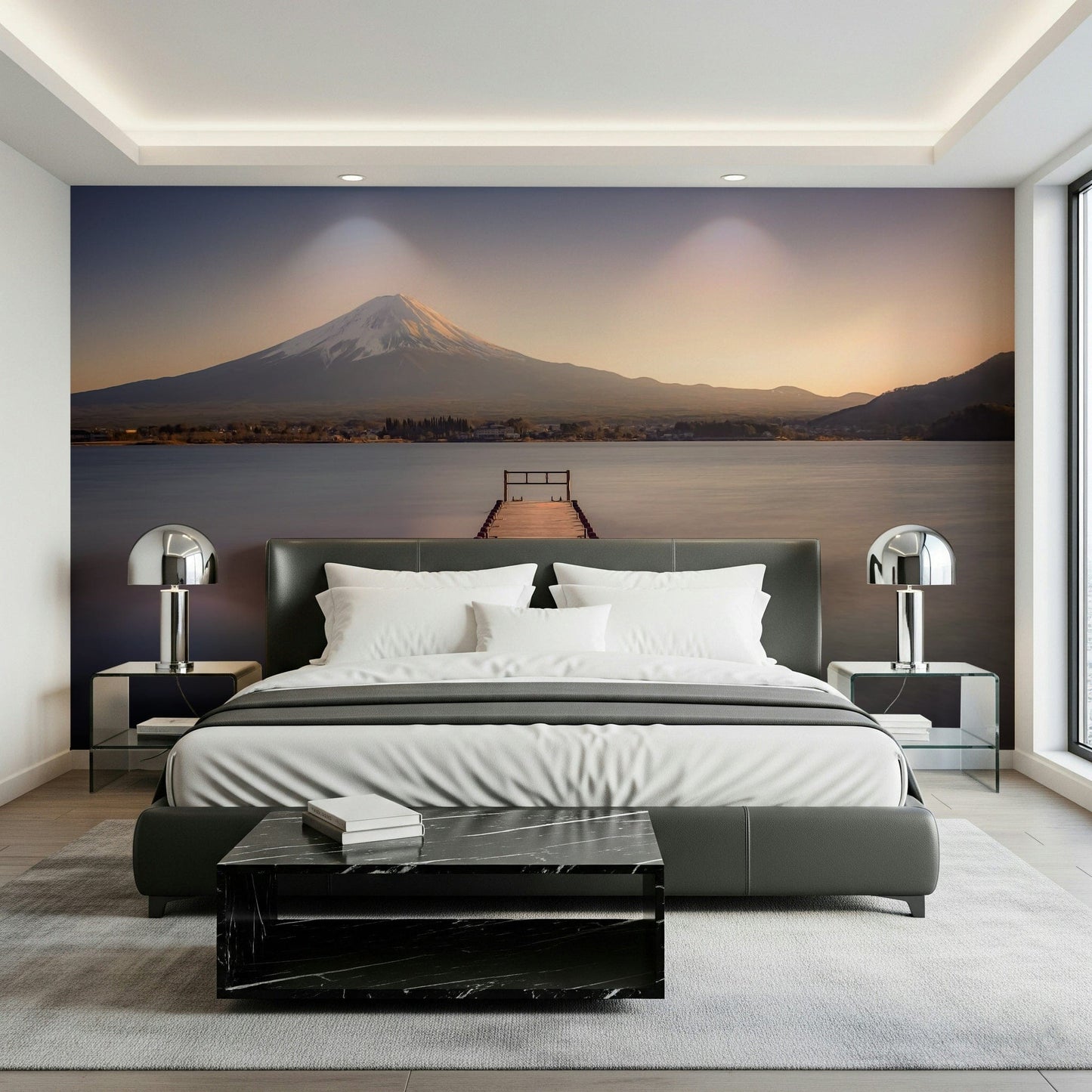 Mount Fuji Serenity wall art, reflection on blue water.
