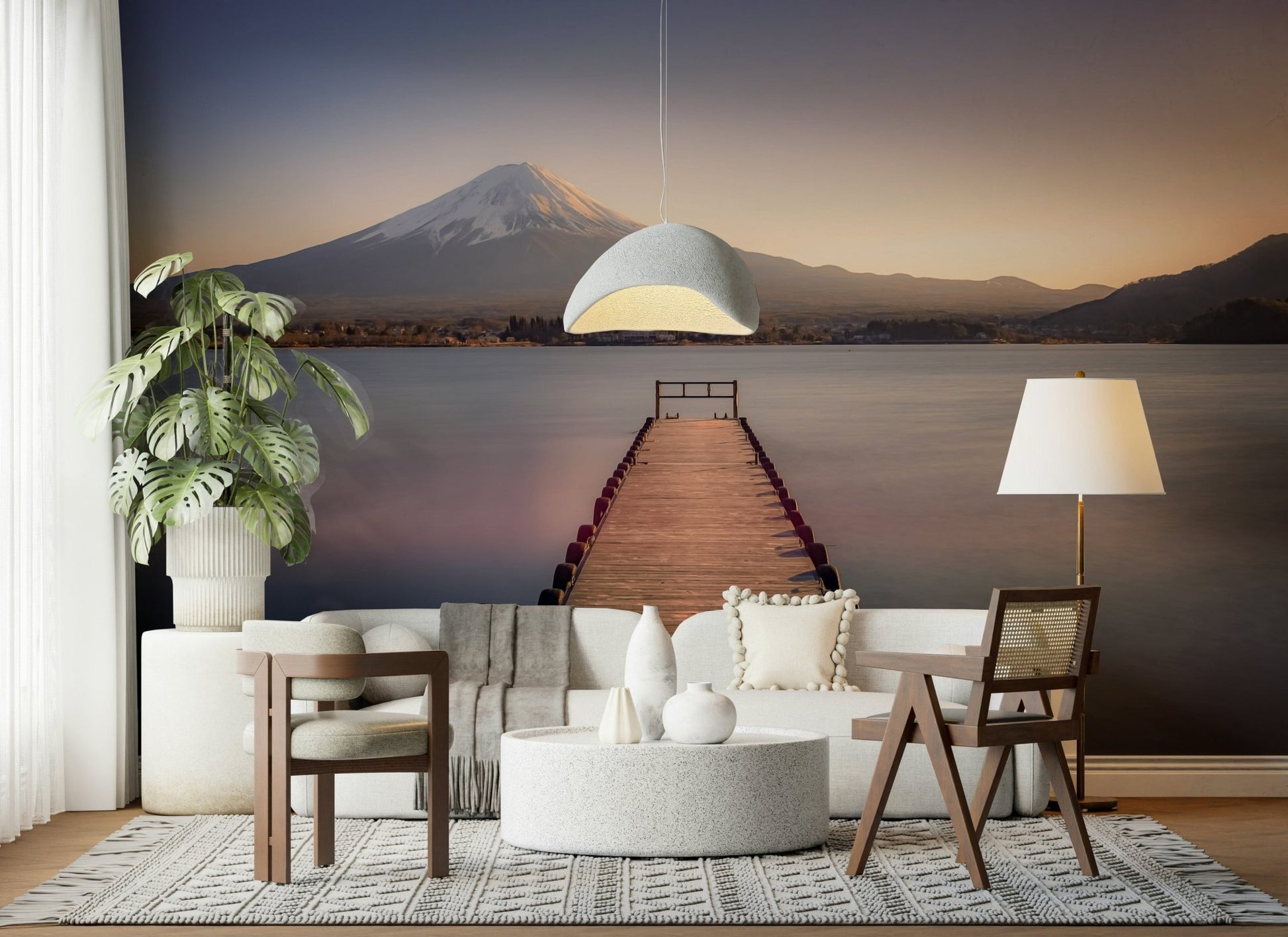 Serene moment Mount Fuji Serenity wall decoration, wooden walkway.