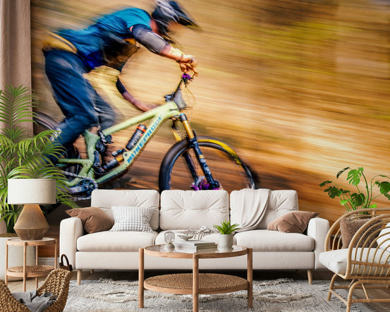 Mountain Bike Rush wallpaper mural of a blurred biker on an orange trail behind a cream sofa in a living room