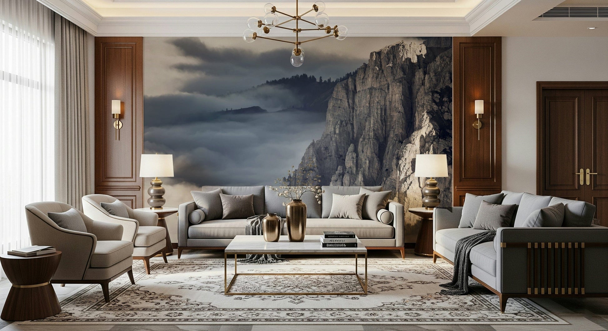 Mountain Majesty wallpaper mural of moody peaks above a grey sofa and armchairs in a formal living room