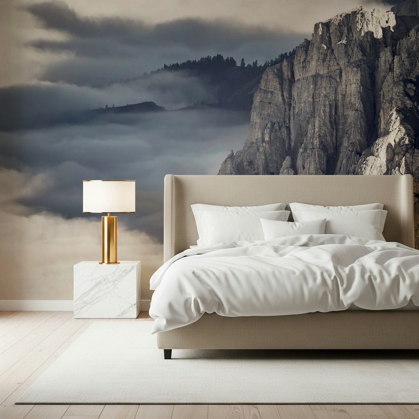 Mountain Majesty wallpaper mural of cloud-wrapped cliffs behind a beige headboard bed in a calm bedroom