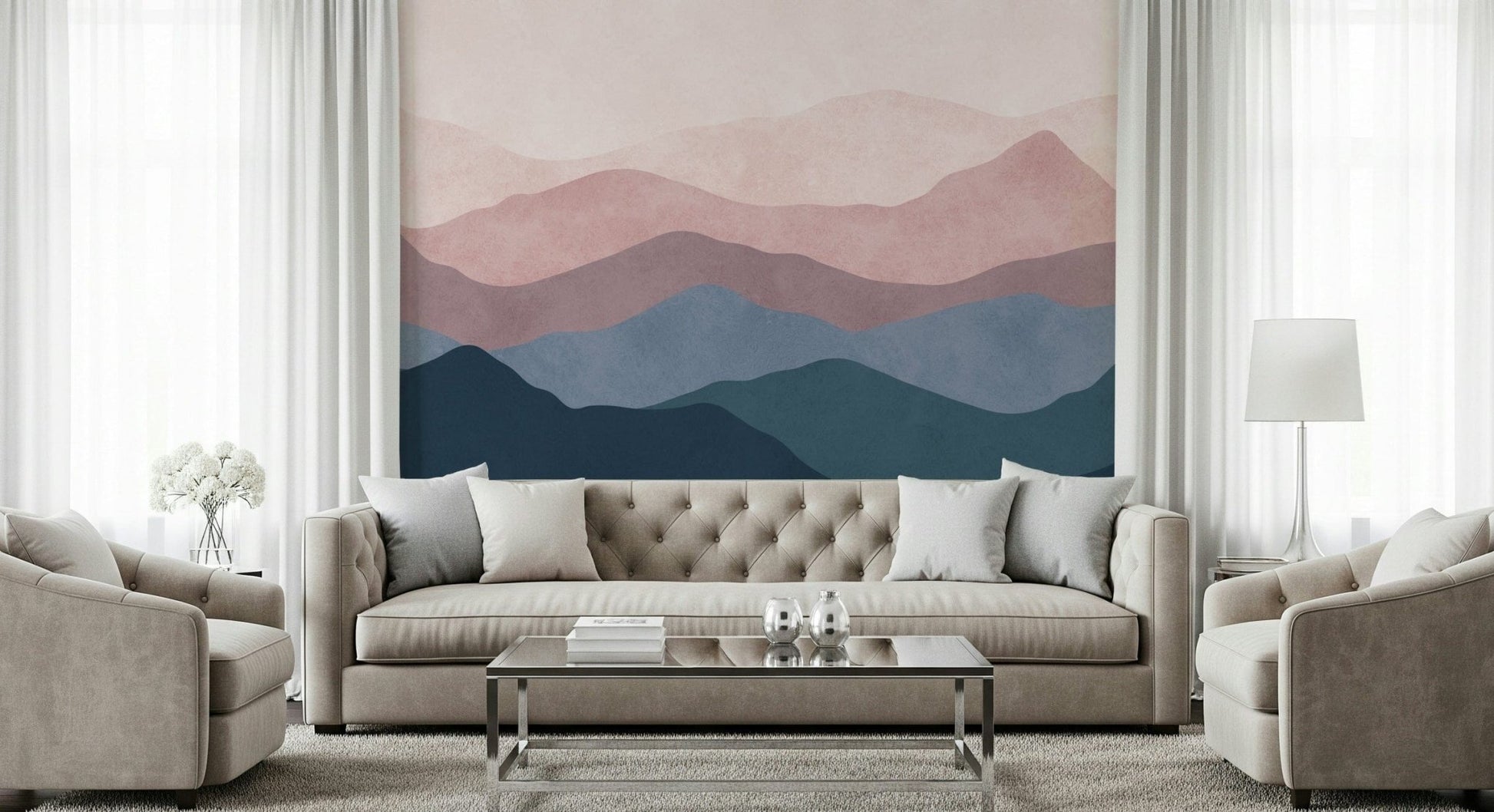 Soothing Mountain Dreams mural. Faded geometric layers. Atmospheric home wall covering.