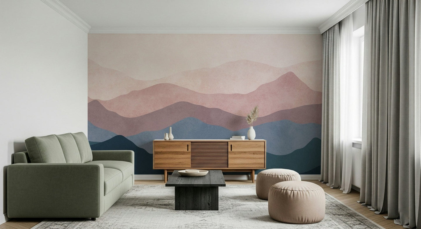 Mountain Dreams scenic wallpaper. Contour ridges design. Peaceful bedroom wall finish.