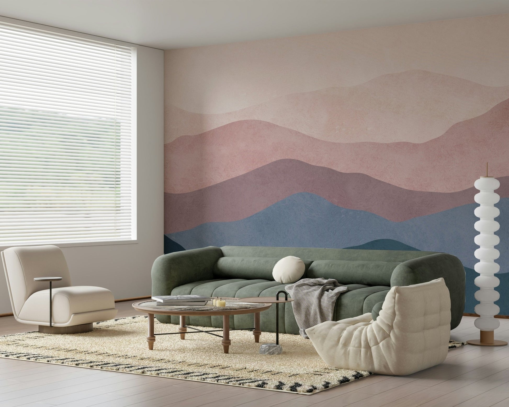 Mountain Dreams minimalist wallpaper. Haze effect terrain silhouettes. Elegant wall piece.