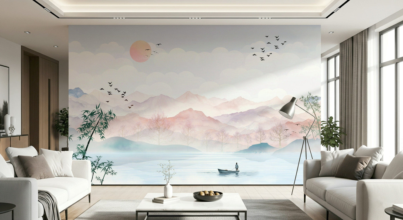 Blue watercolor mountain haze wall mural in a bedroom.