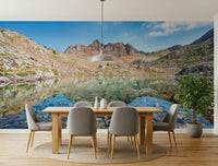 Rugged mountain range backdrop Mountain Lake Serenity wallpaper mural.