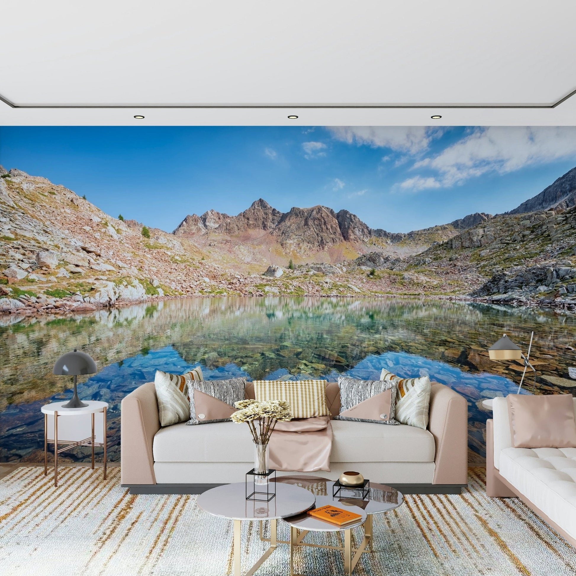 Mountain Lake Serenity wall mural enhances modern home interiors.