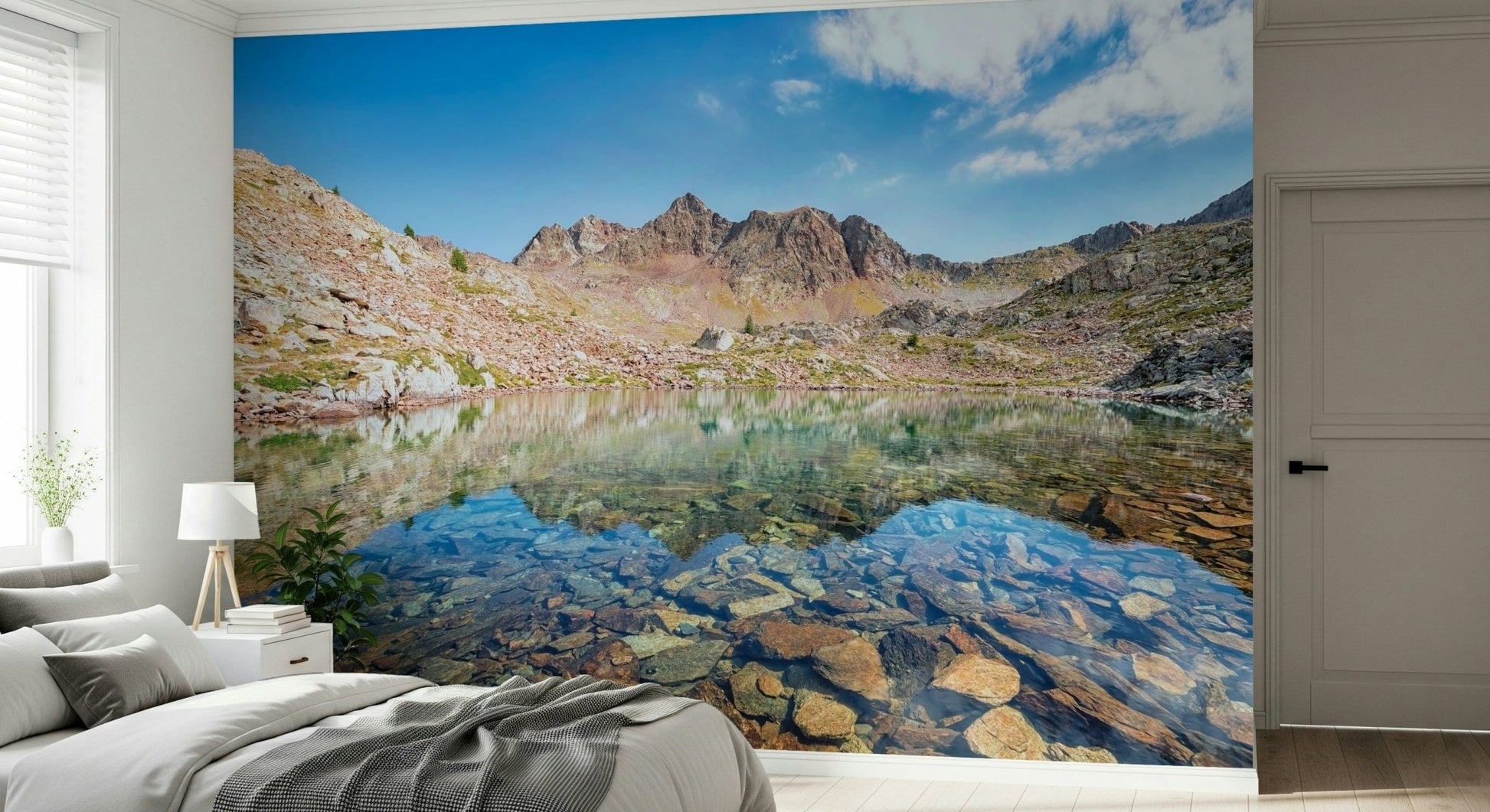 Mountain Lake Serenity wallpaper for walls features alpine peaks.