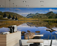 Blue sky mountains wall mural with reflections
