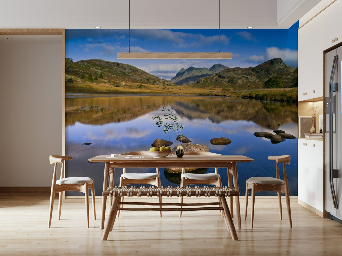 Mountains reflections wallpaper mural, stunning lake water landscape view.