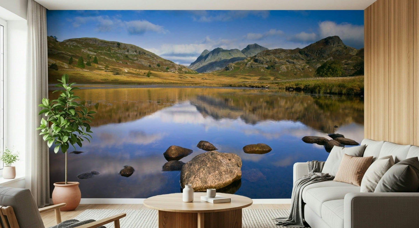 Outdoor landscape wall mural with stone foreground