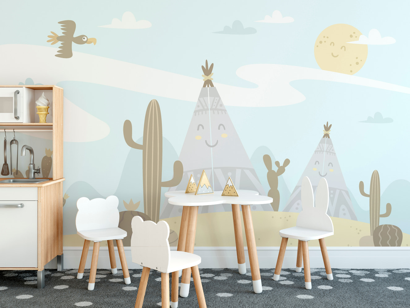 Cartoon-style mountain and sky nursery wallpaper mural

