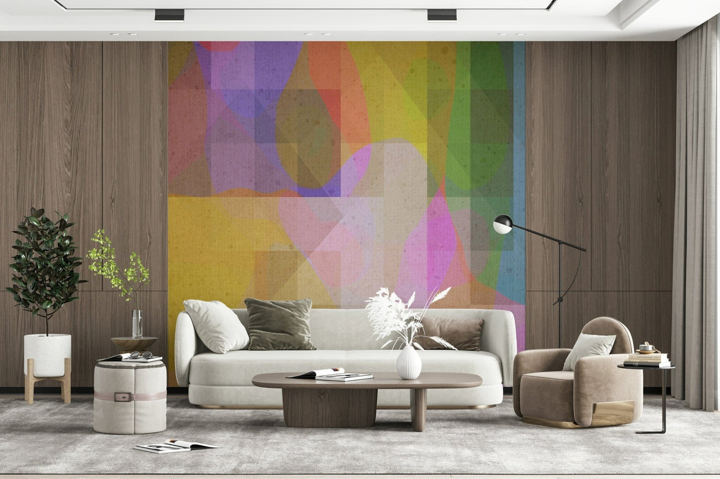 A soft geometry wallpaper featuring layered translucent shapes in pastel tones for a modern artistic look.