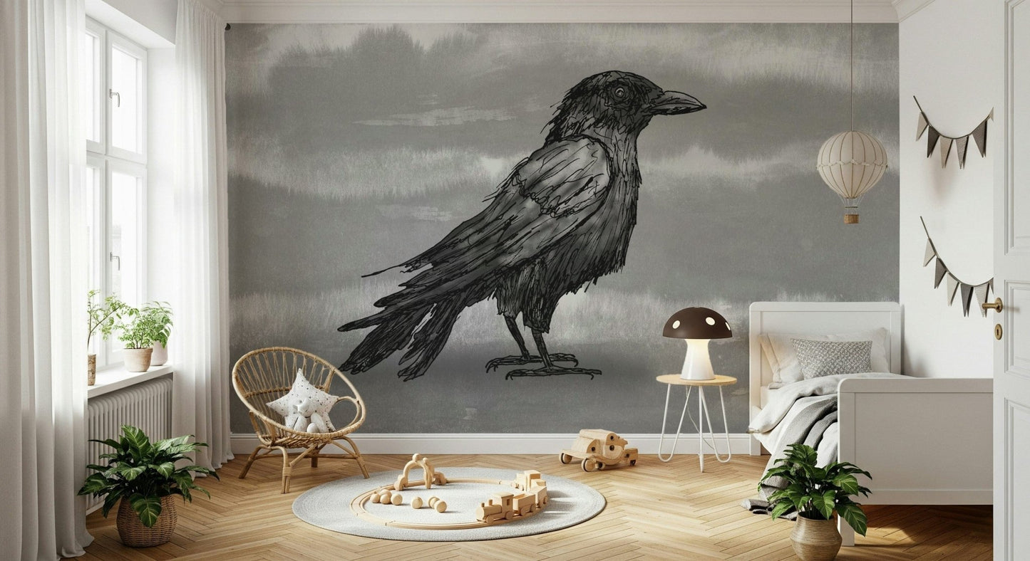 Mr Crow wall mural, a black raven on moody grey behind a pink ruffled bed in a girls bedroom