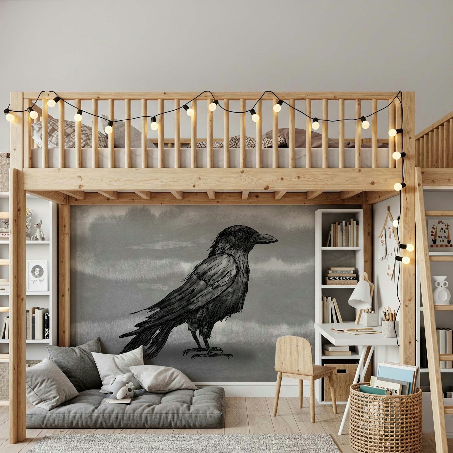 Mr Crow wall mural, an ink raven on grey above a nightstand and toy cars in a kids bedroom