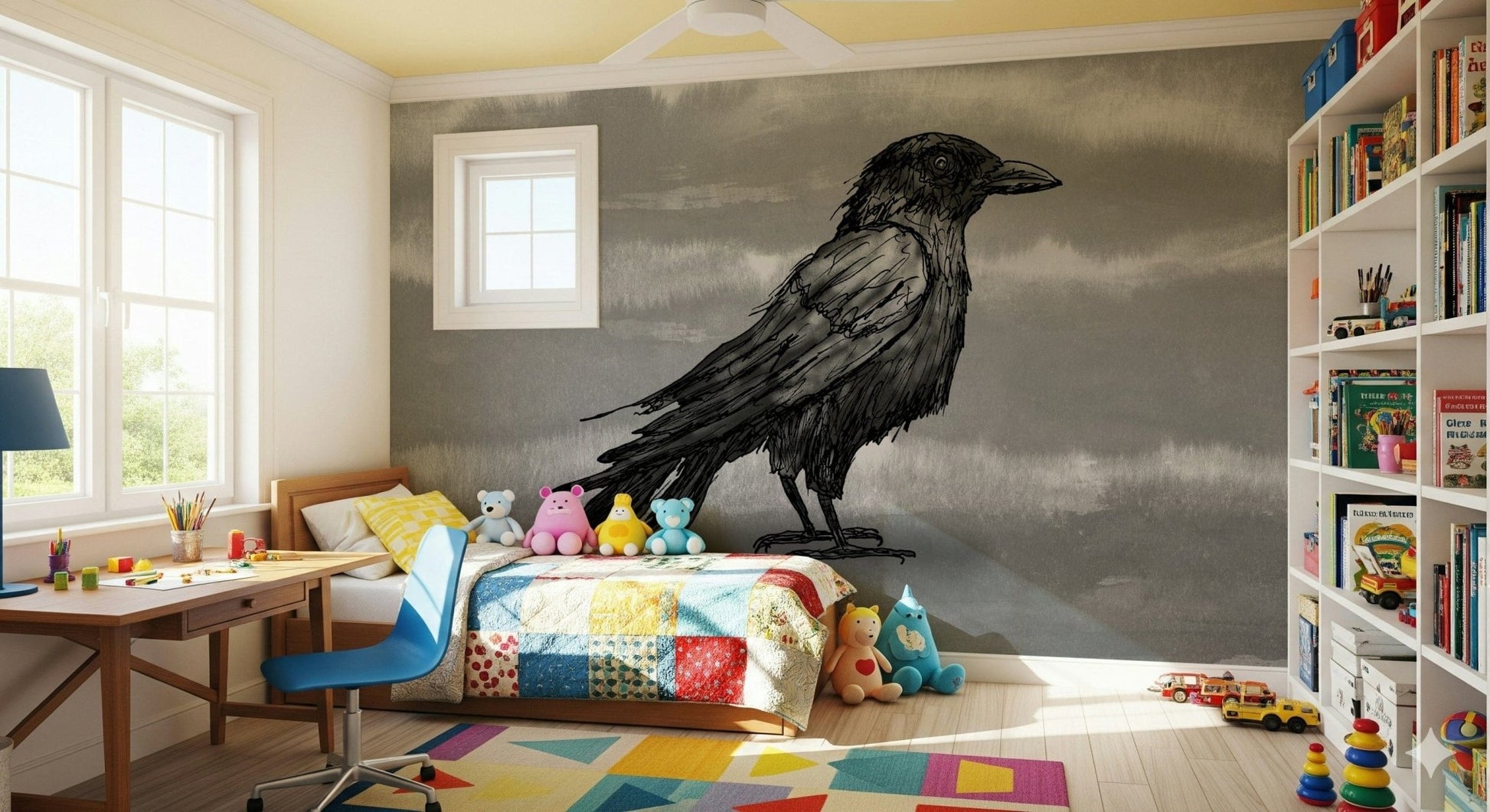 Mr Crow wall mural of a black raven on grey under a wood loft bed with string lights in a kids room