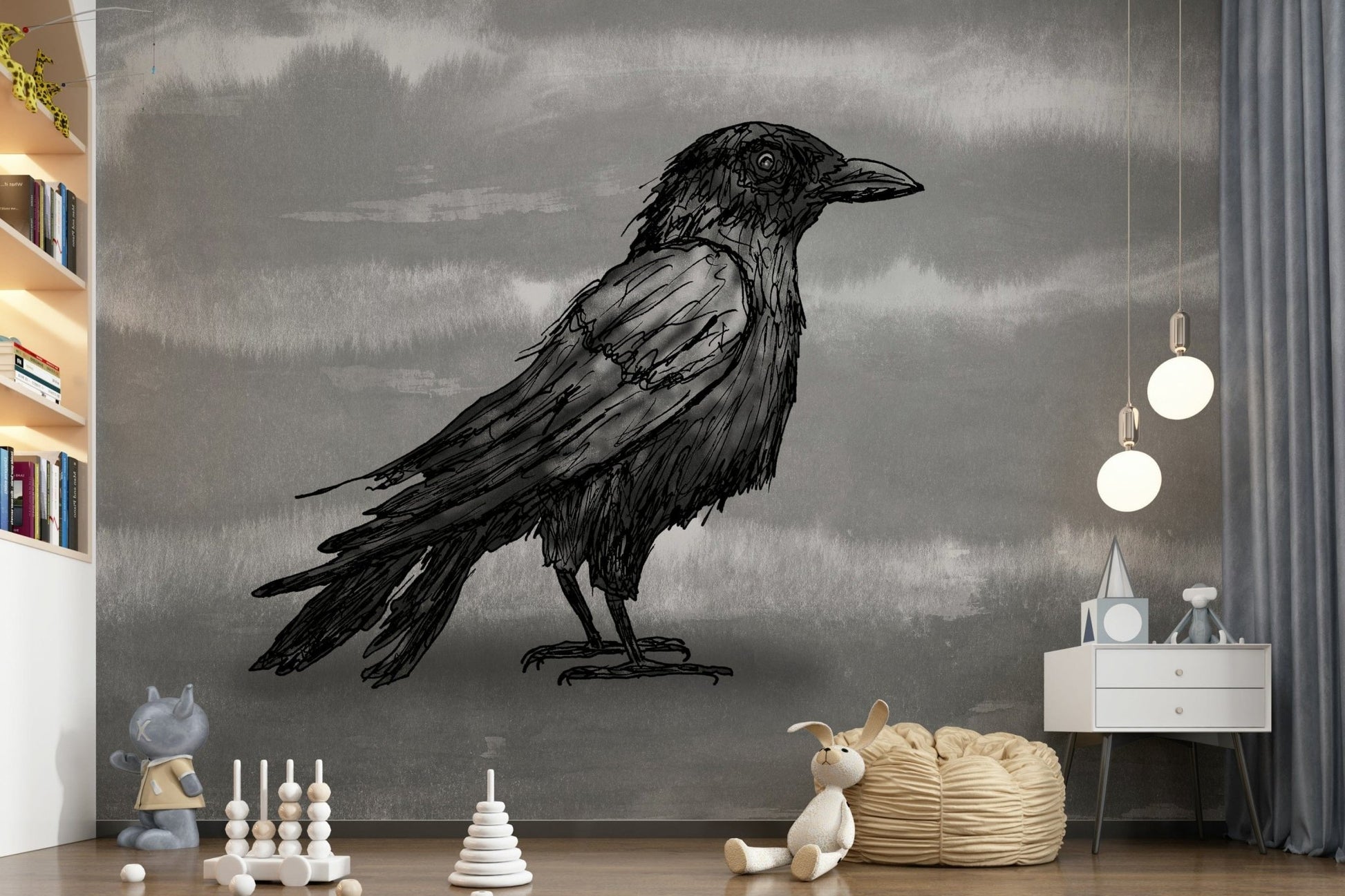 Mr Crow wall mural, a black ink raven on grey, above toys and a white bookshelf in a kids room