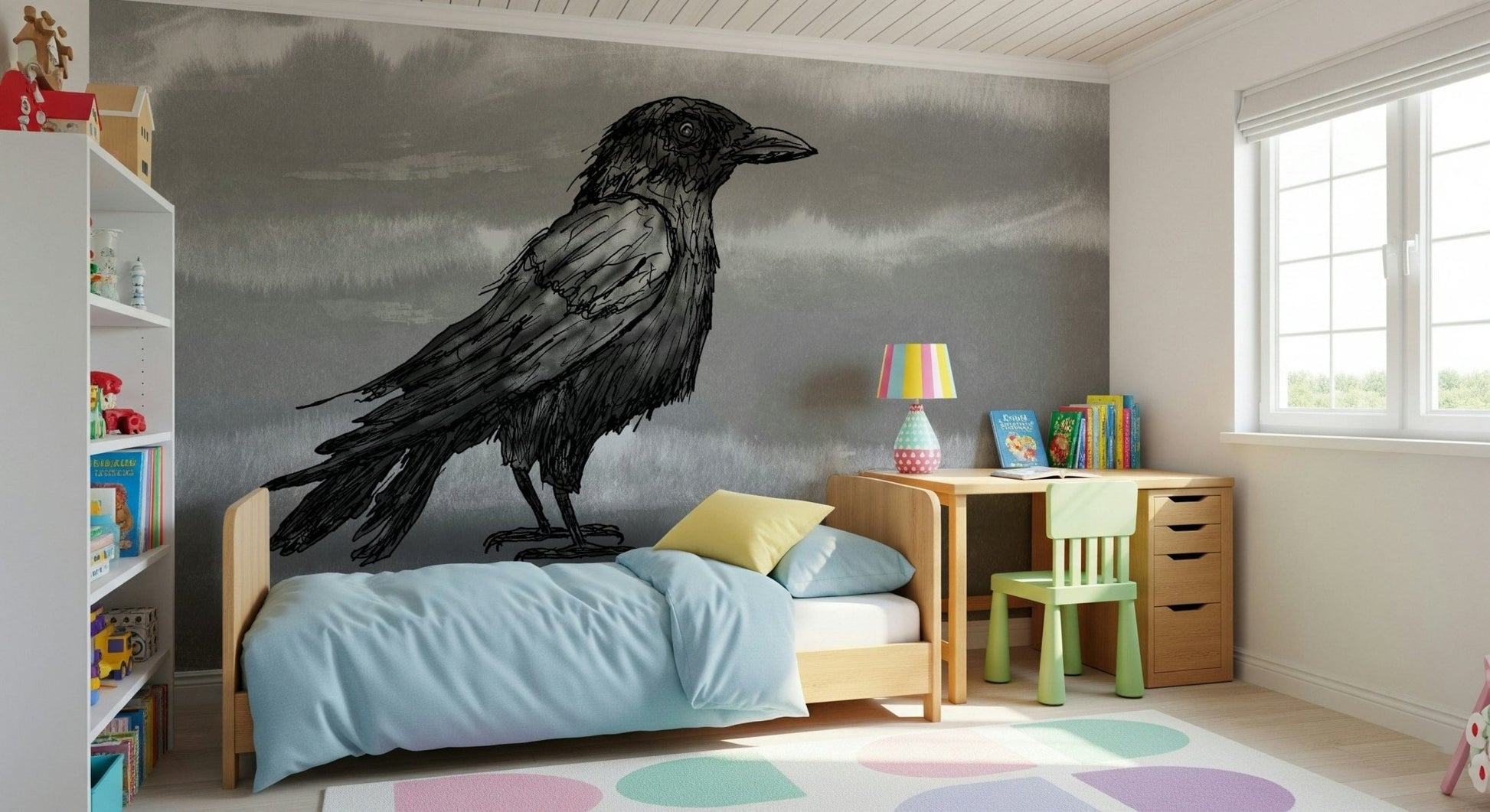 Mr Crow wall mural, a black raven on grey behind a beige sofa and wire chair in a living room