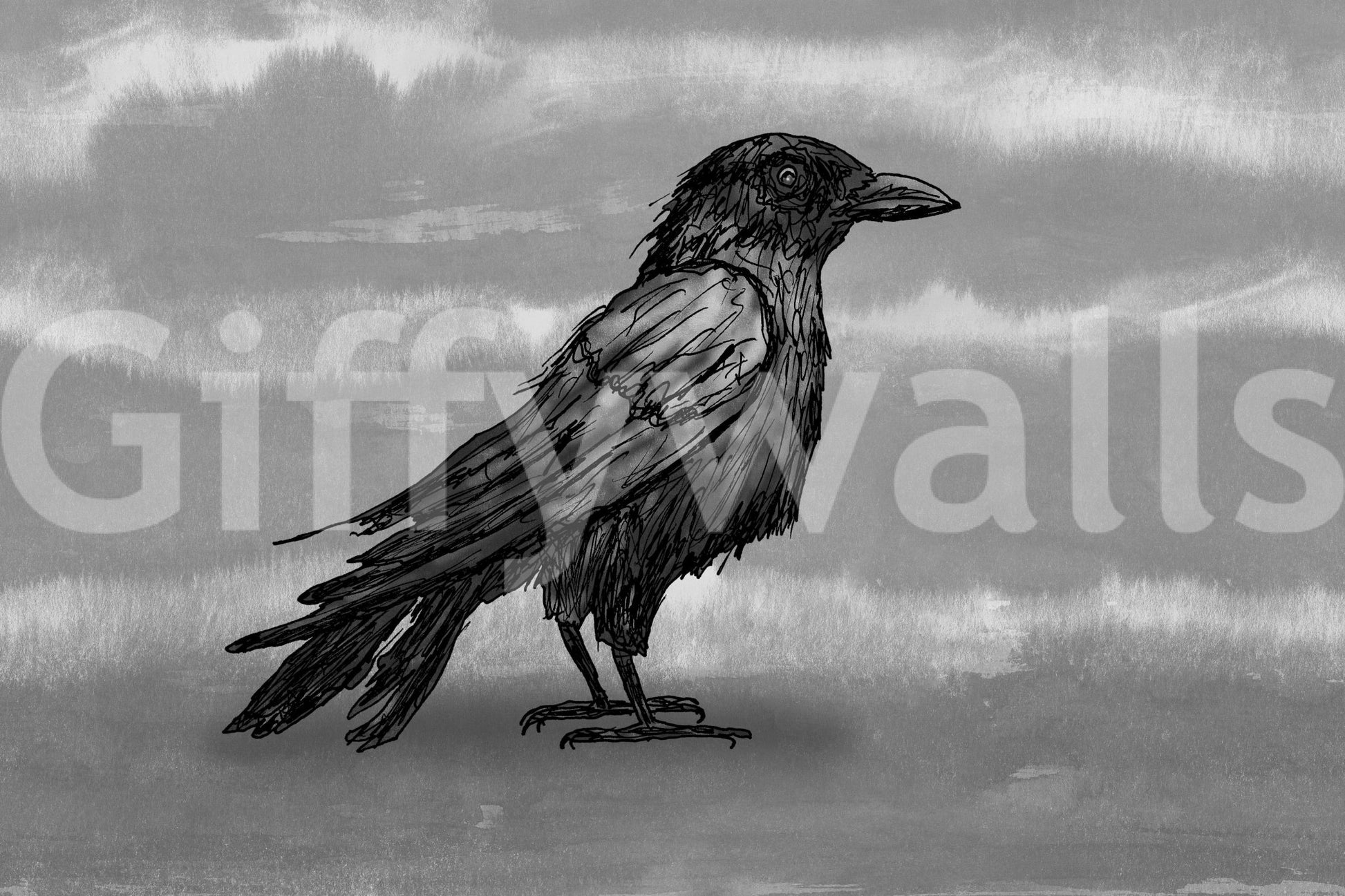 Mr Crow wall mural shown as a full-wall mural, a sketched black raven on a grey watercolor sky