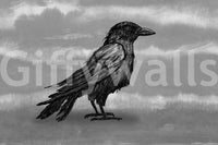 Mr Crow wall mural shown as a full-wall mural, a sketched black raven on a grey watercolor sky