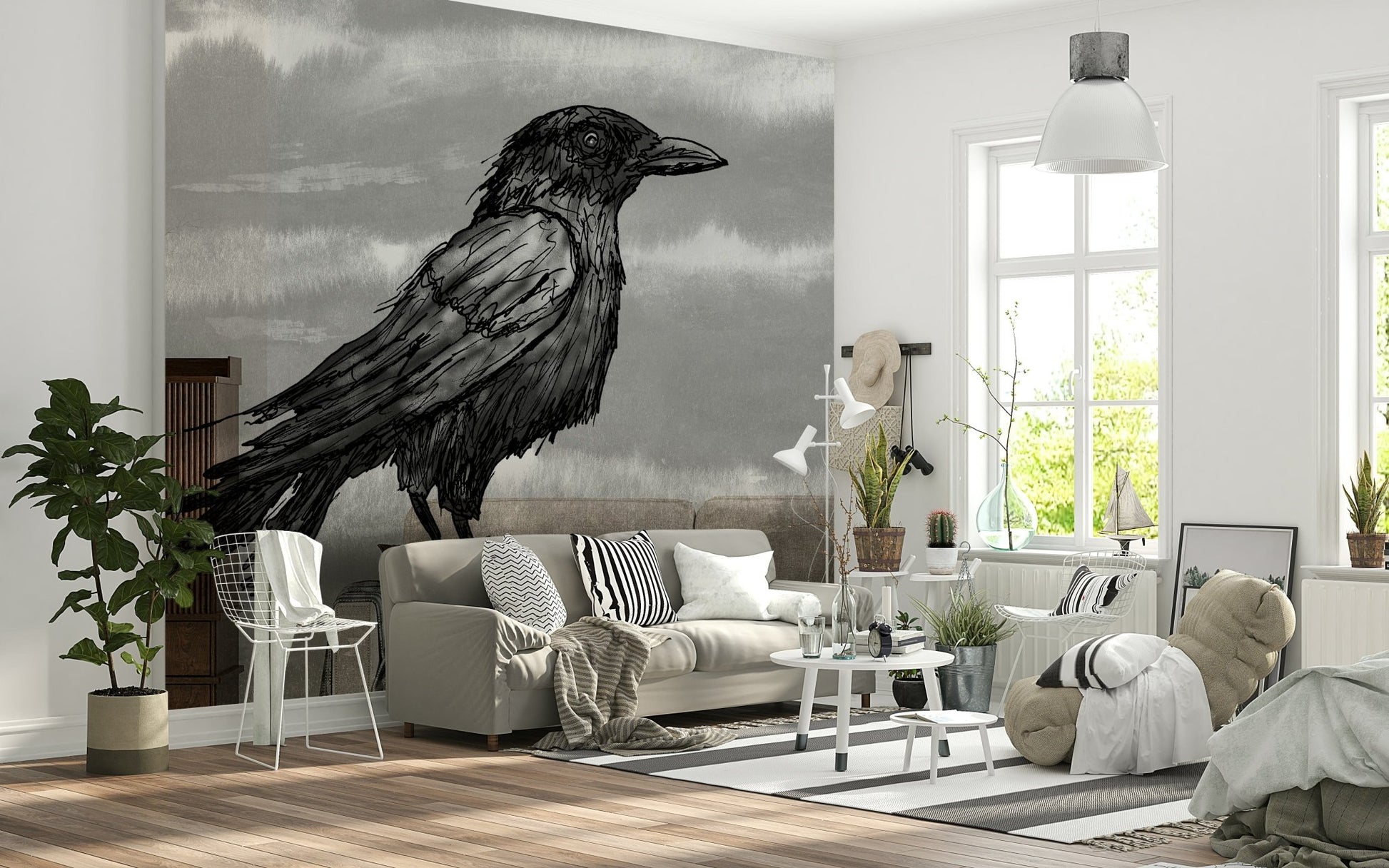 Mr Crow wall mural of an ink raven on moody grey behind a cream sofa in a bright living room