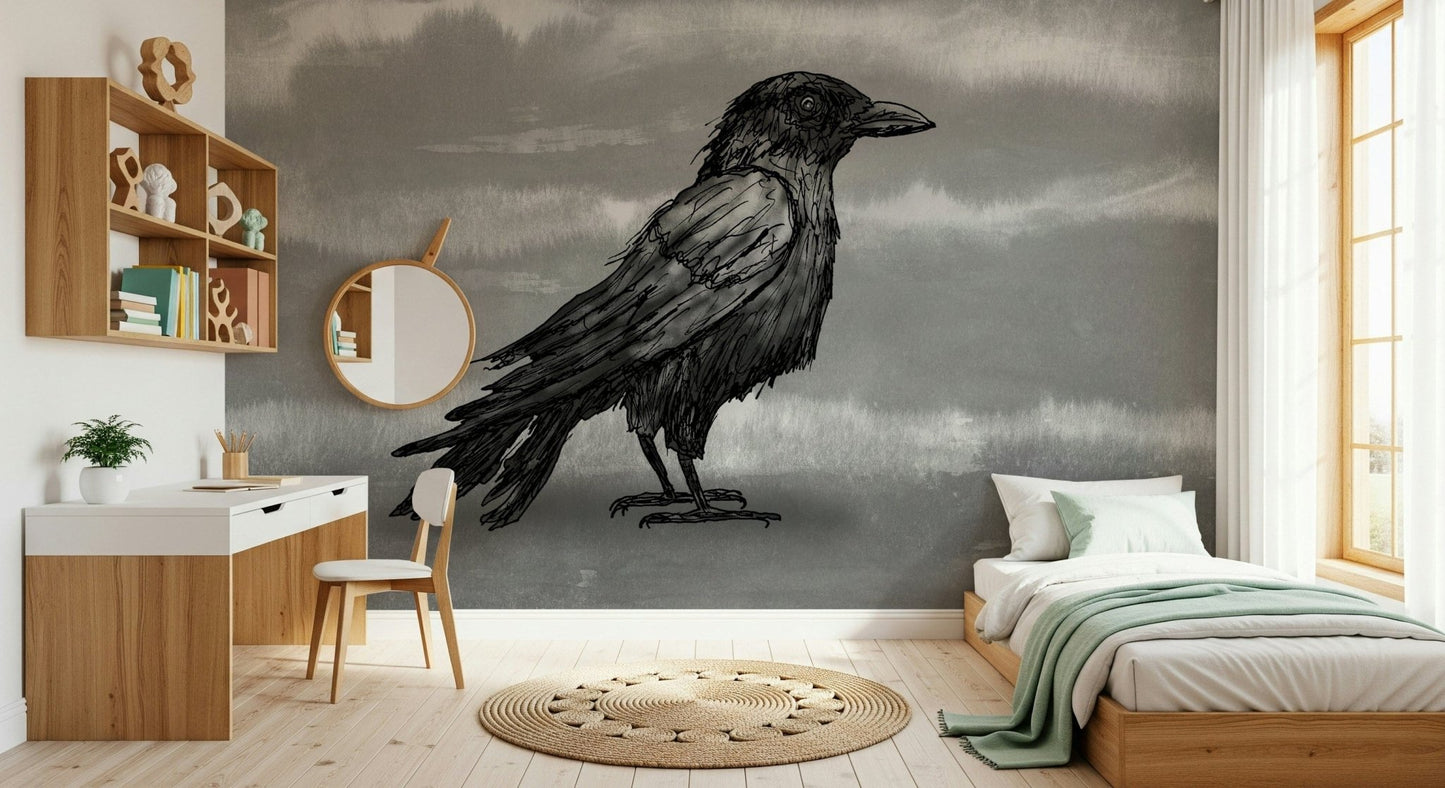 Mr Crow wall mural, a sketched raven on grey above a patchwork quilt bed in a kids room