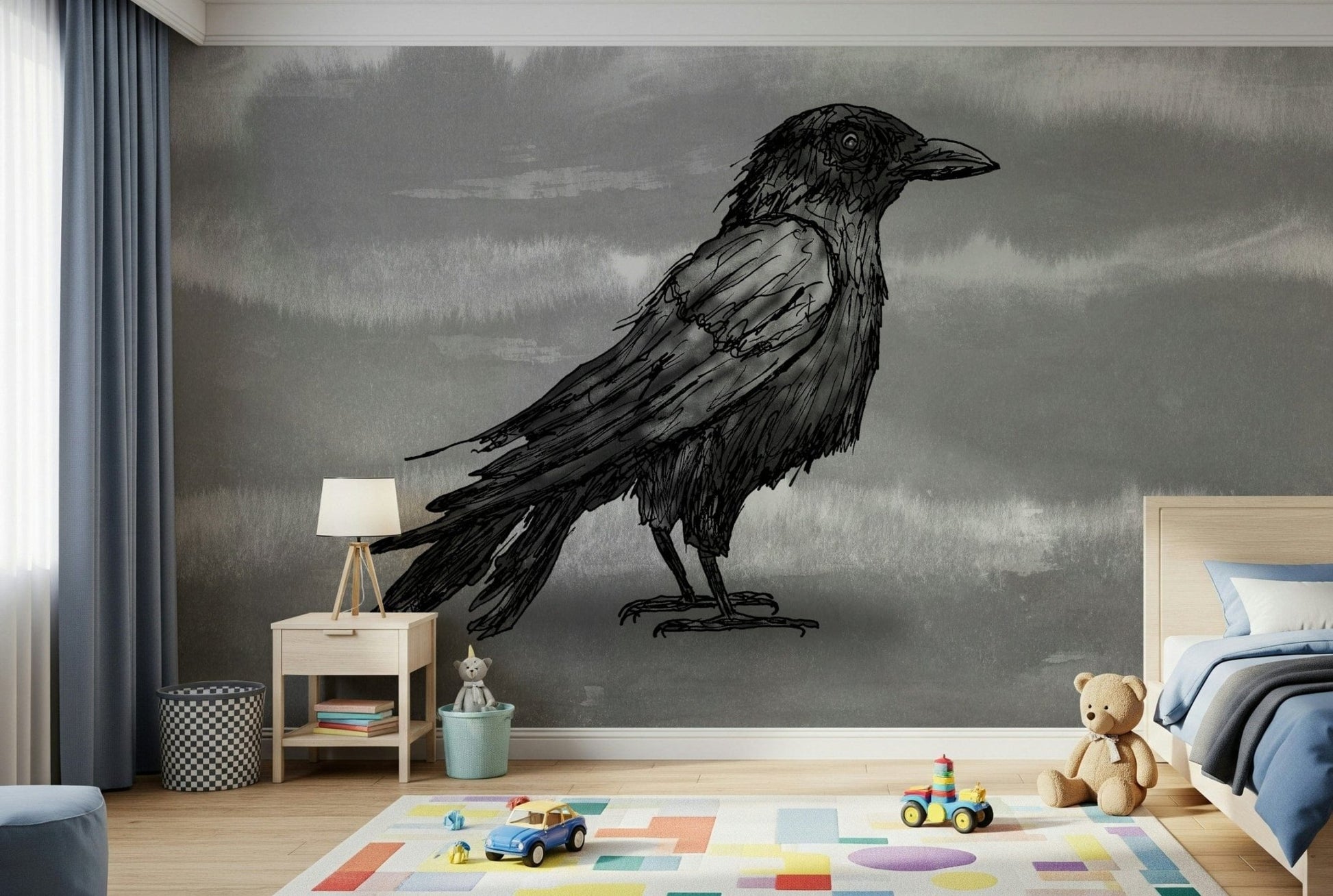 Mr Crow wall mural of a sketched raven on grey behind a wood bed and desk in a kids bedroom