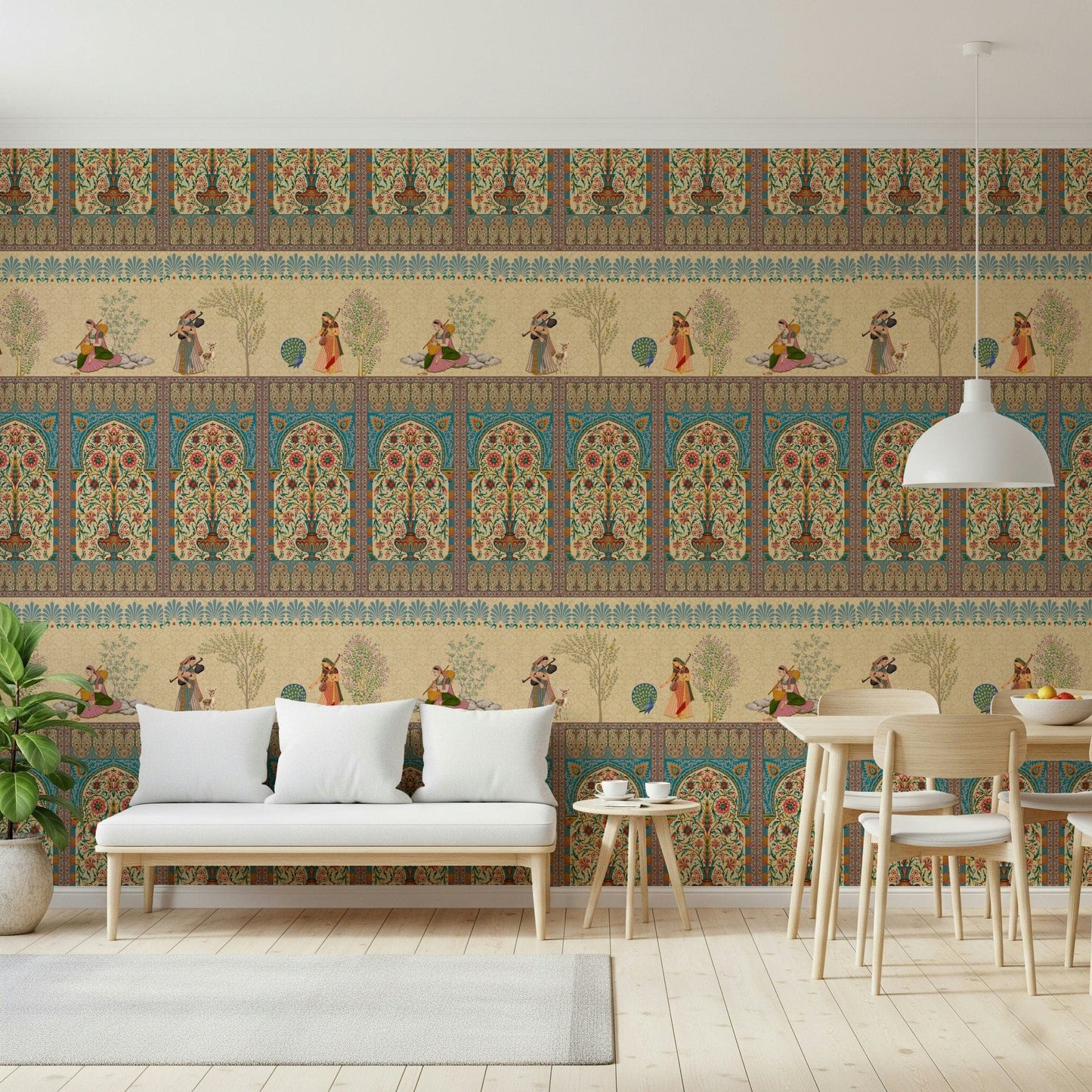 Mughal-inspired mural behind bed, gold accents, modern bedroom feature wall