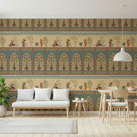 Mughal-inspired mural behind bed, gold accents, modern bedroom feature wall