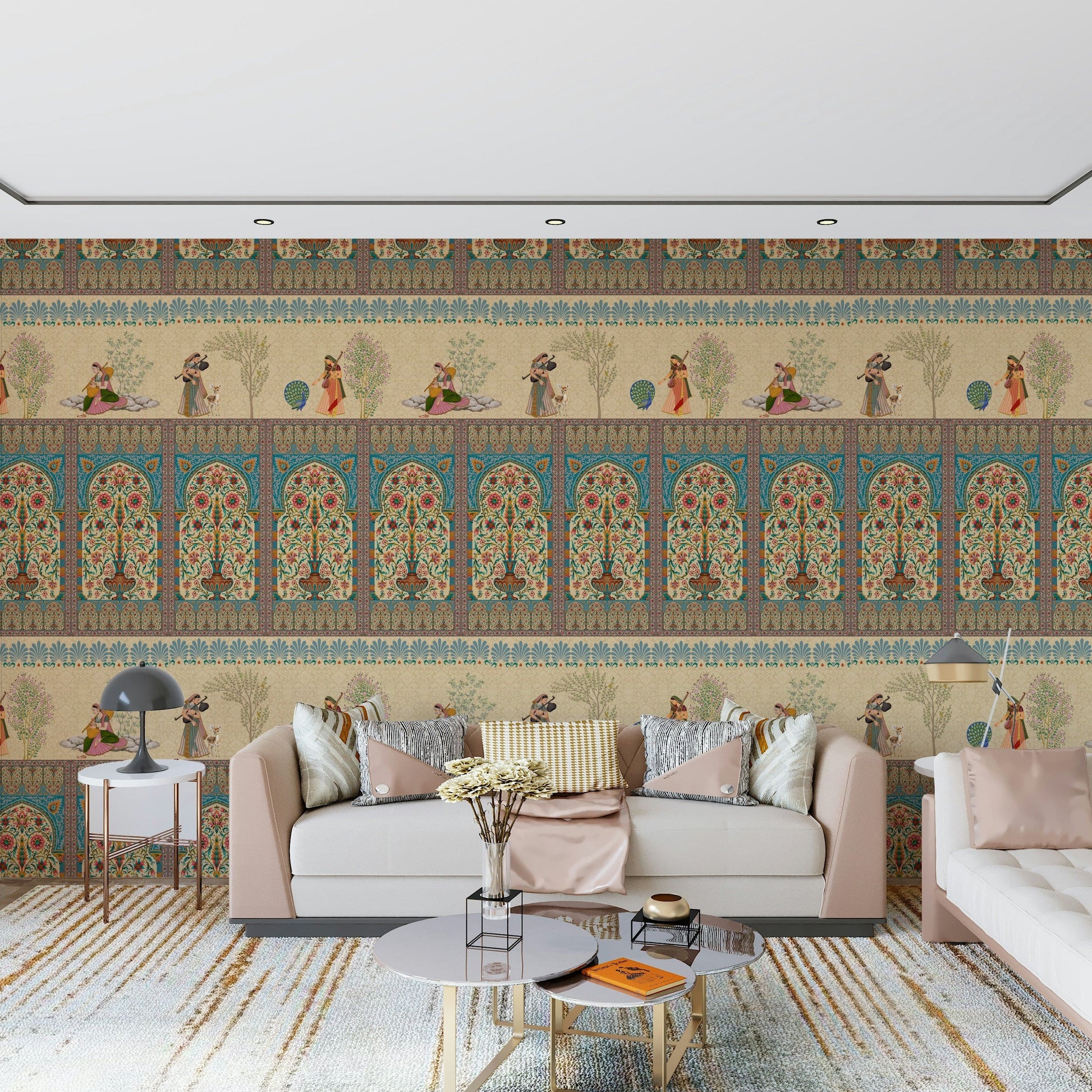 Vintage Mughal design mural in reading nook, earthy tones, cozy apartment wall decor