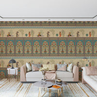 Vintage Mughal design mural in reading nook, earthy tones, cozy apartment wall decor