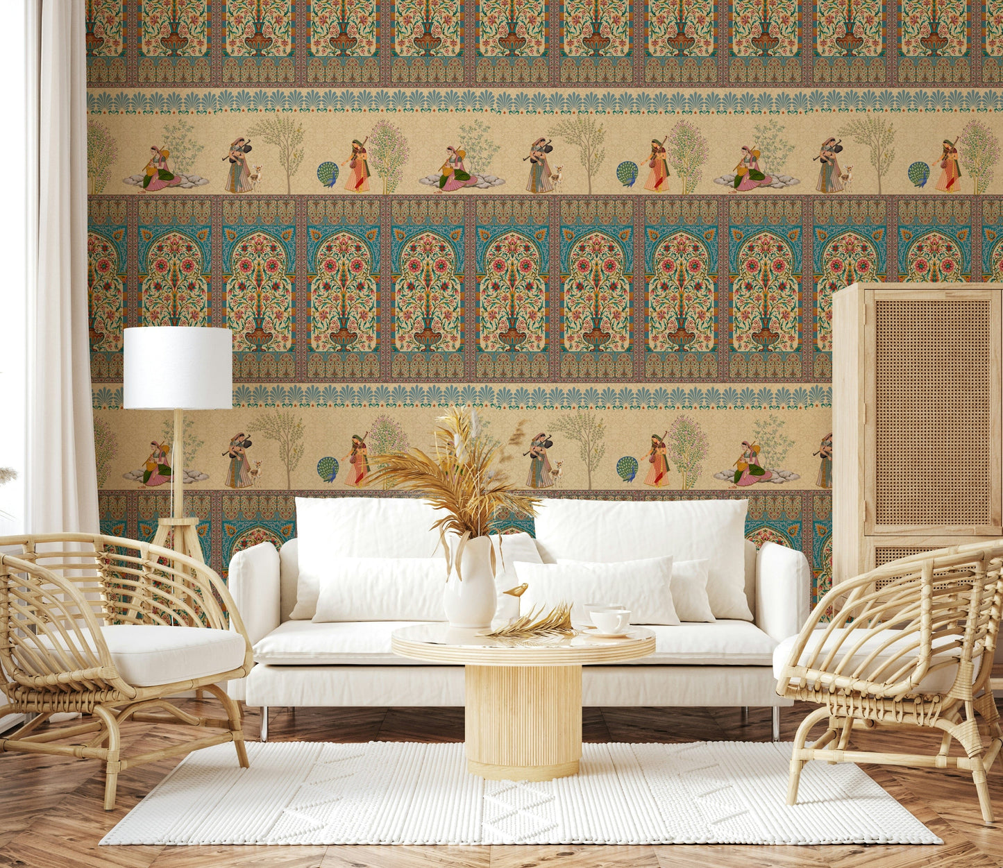 Ornate Mughal pattern wall mural in bedroom, soft beige and rust, headboard feature wall