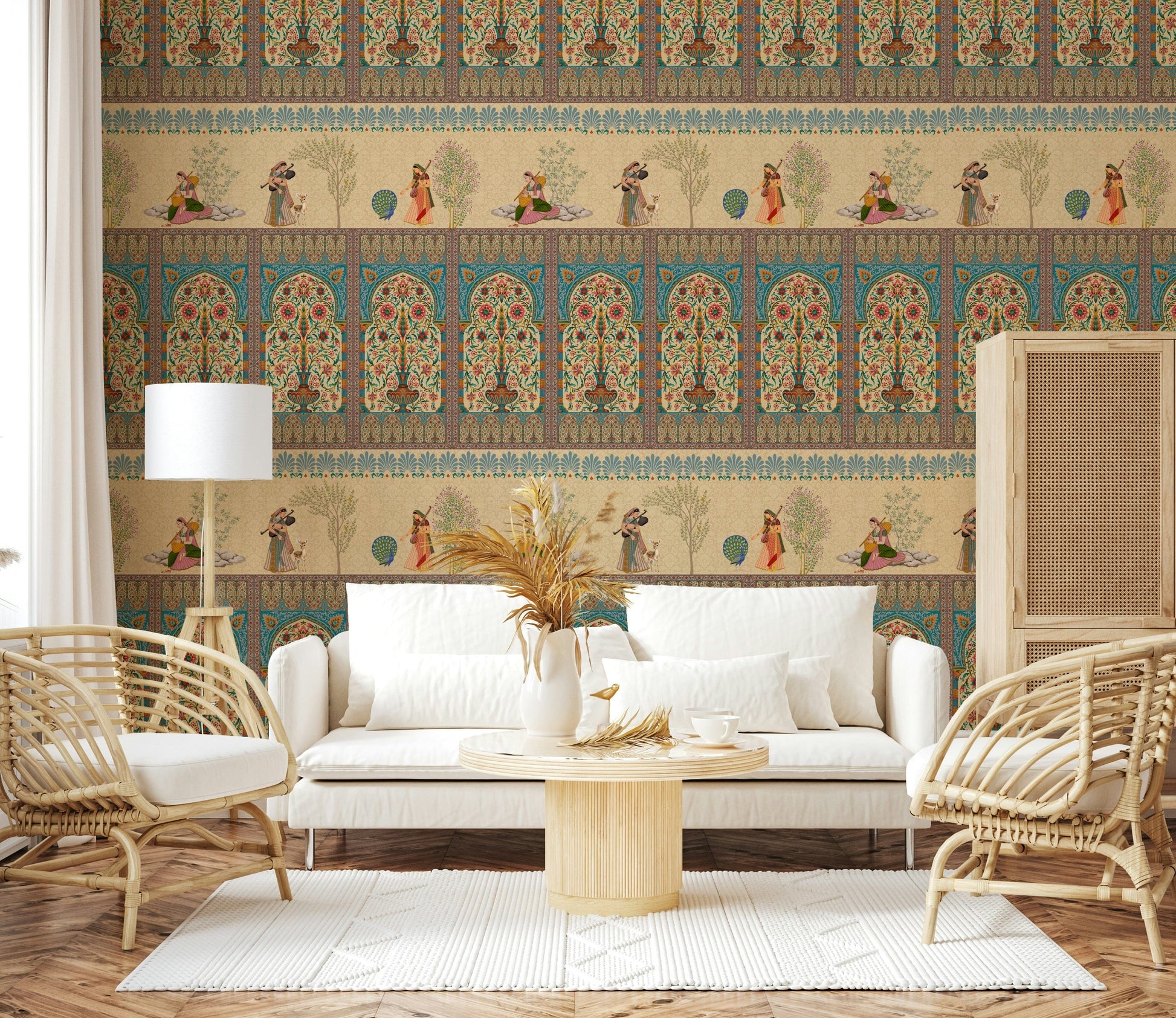 Ornate Mughal pattern wall mural in bedroom, soft beige and rust, headboard feature wall