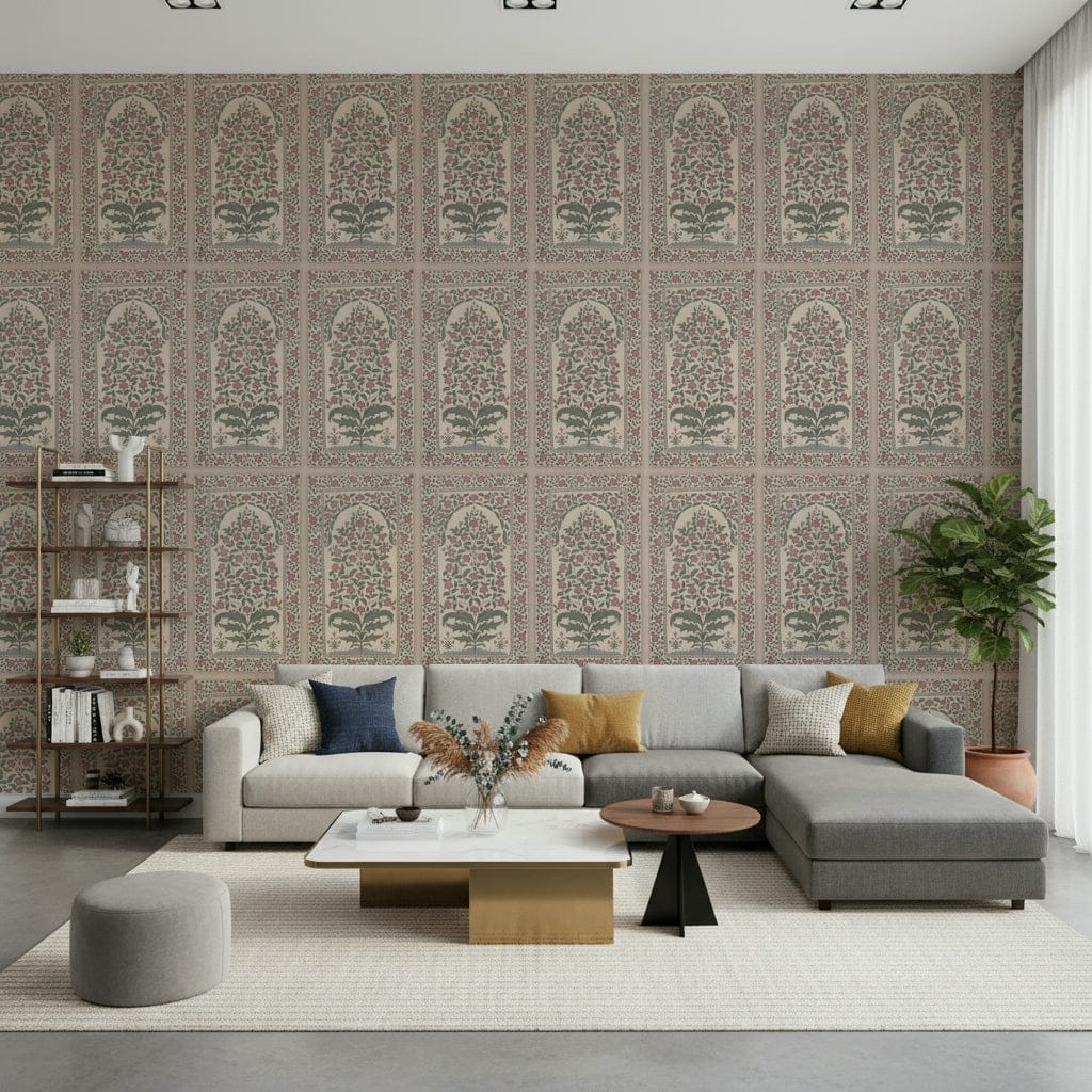Mughal Bloom Arches Wall Mural in a modern living room
