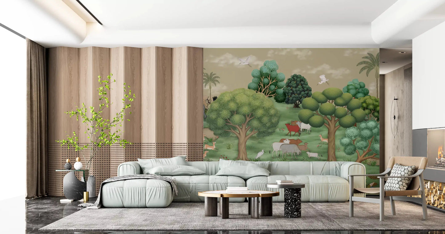 A Living area suite showcases the Mughal Forest Serenity wildlife wall mural.