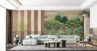A Living area suite showcases the Mughal Forest Serenity wildlife wall mural.