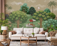 A modern Hallway displays the Mughal Forest Serenity landscape wall mural.